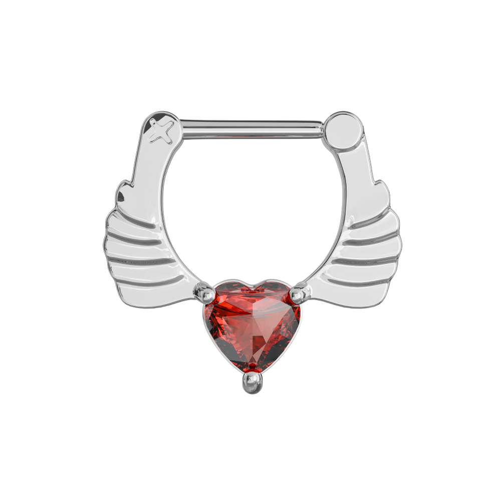 316L Surgical Steel Angel Wings with Red Heart CZ Septum Clicker - Monster Piercing