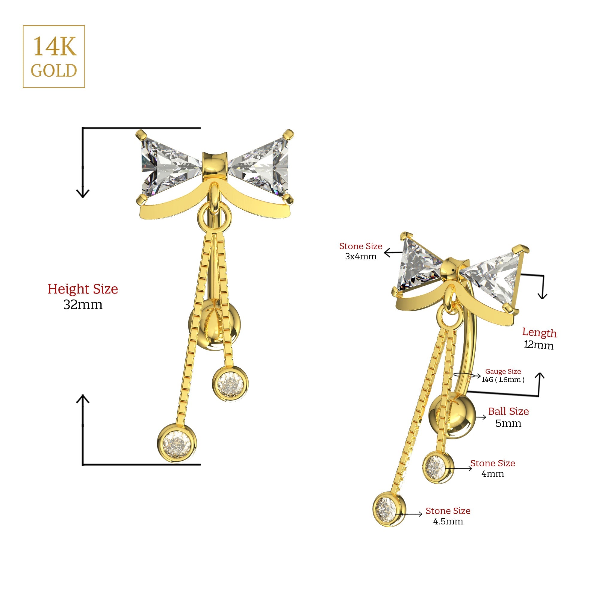 14K Gold Bowtie Dangling Belly Ring - Monster Piercing