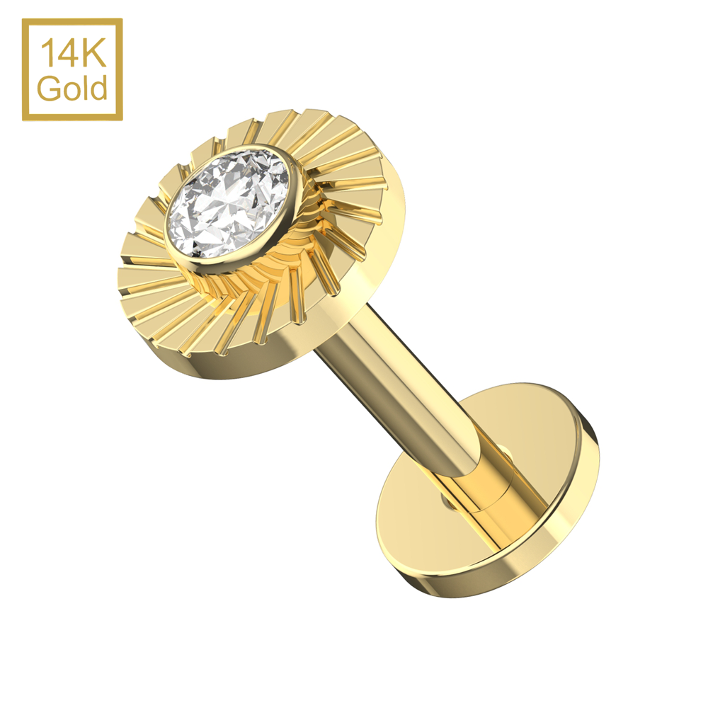 14K Gold CZ Jeweled Laser Cut Button Top With Internal Thread Base Labret - Monster Piercing
