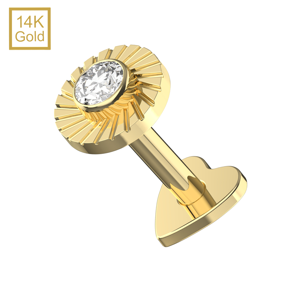 14K Gold CZ Jeweled Laser Cut Button Top With Internal Thread Base Labret - Monster Piercing