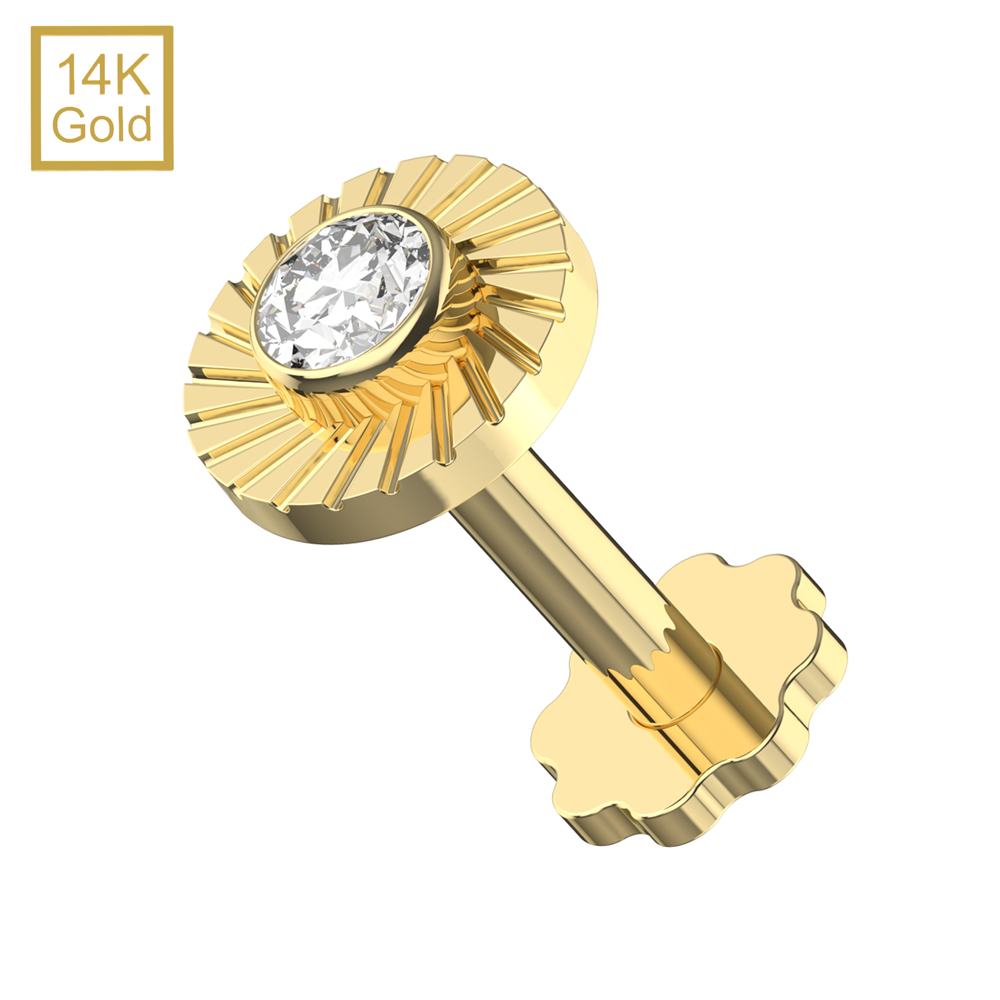 14K Gold CZ Jeweled Laser Cut Button Top With Internal Thread Base Labret - Monster Piercing