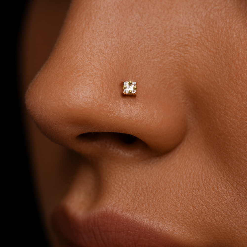 14K Gold Cubic Zirconia stone Jewelled Nose Screw Stud - Monster Piercing