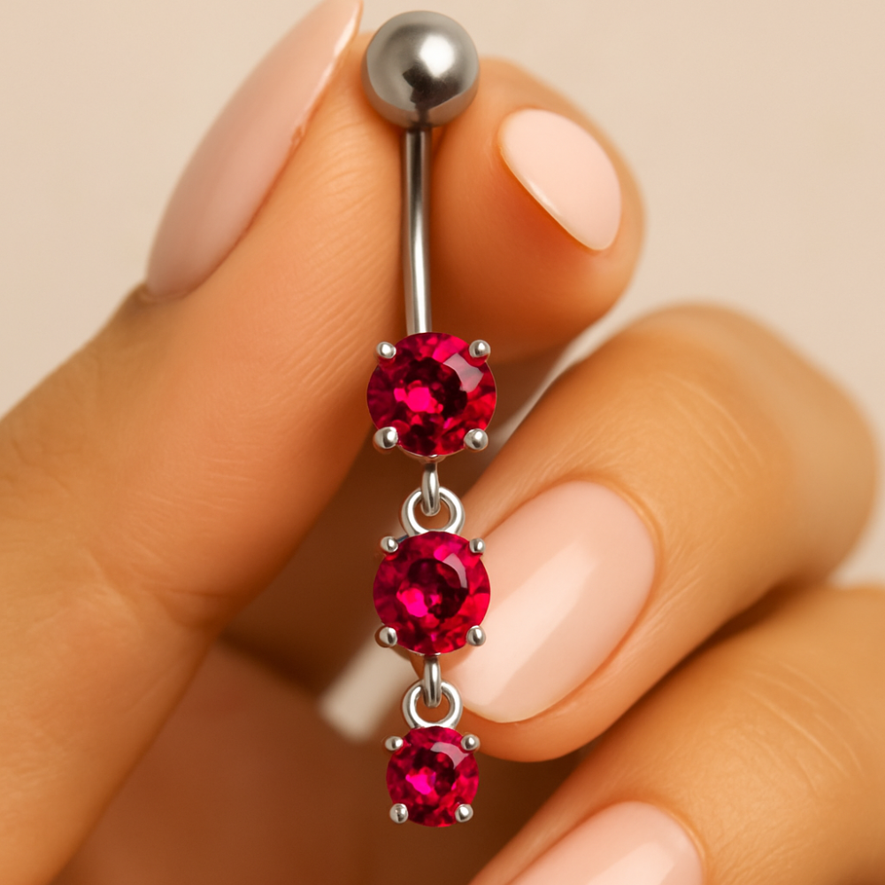 925 Sterling Silver Moving Jewelled Charms dangling SS Bar Navel Ring - Monster Piercing