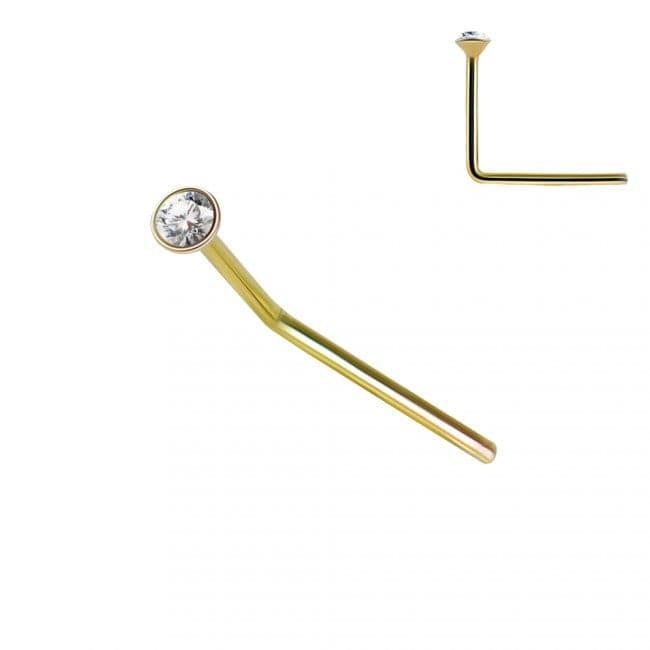 9K Gold Round CZ Jewelled L-Shape Nose Stud - Monster Piercing