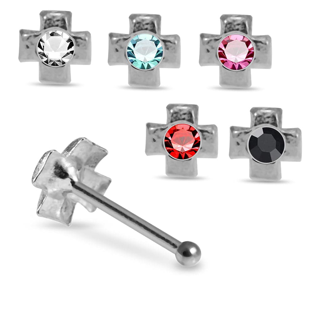 925 Sterling Silver 5pcs Jewelled Cross Ball End Nose stud Box - Monster Piercing