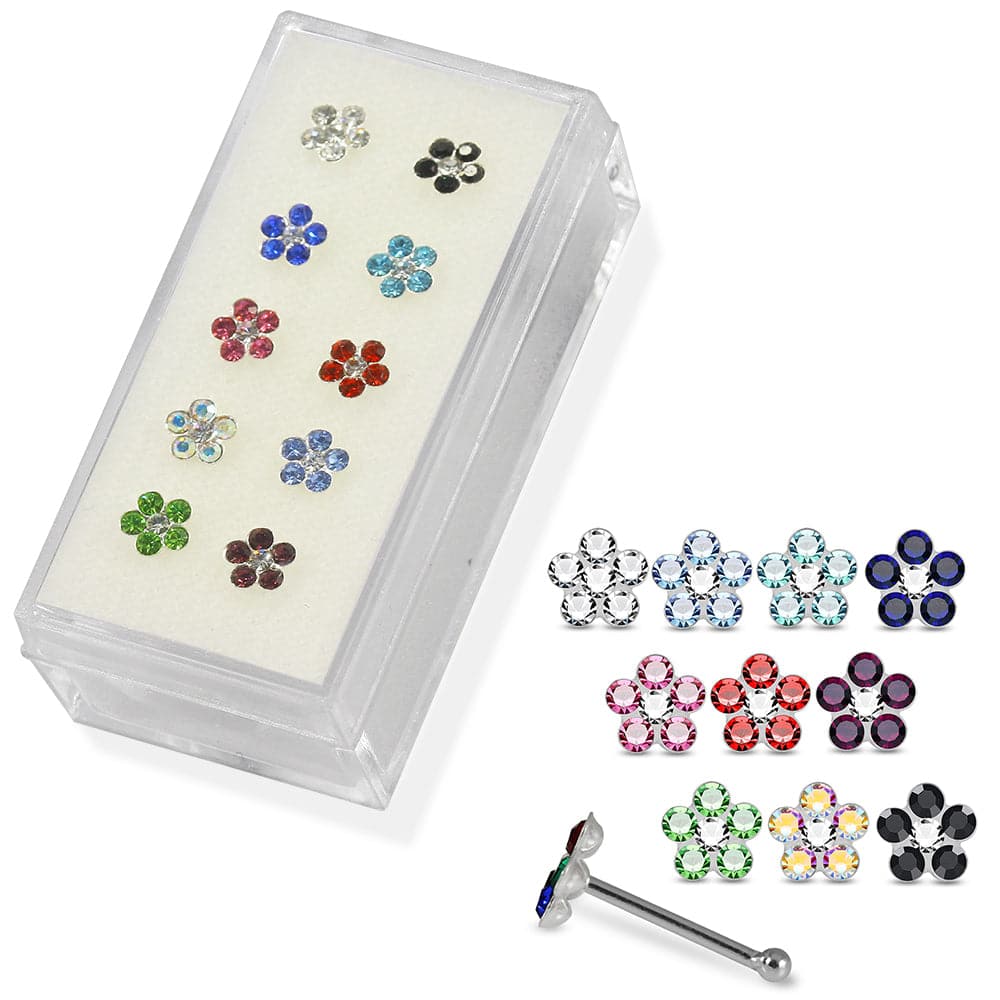 Set of 10pcs 925 Sterling Silver Jewelled Floral Flower Nose Bone Set - Monster Piercing