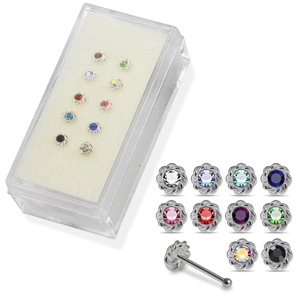 Set of 10pcs Mix 925 Sterling Silver CZ Jewelled Flower Design Ball End Nose stud Box - Monster Piercing
