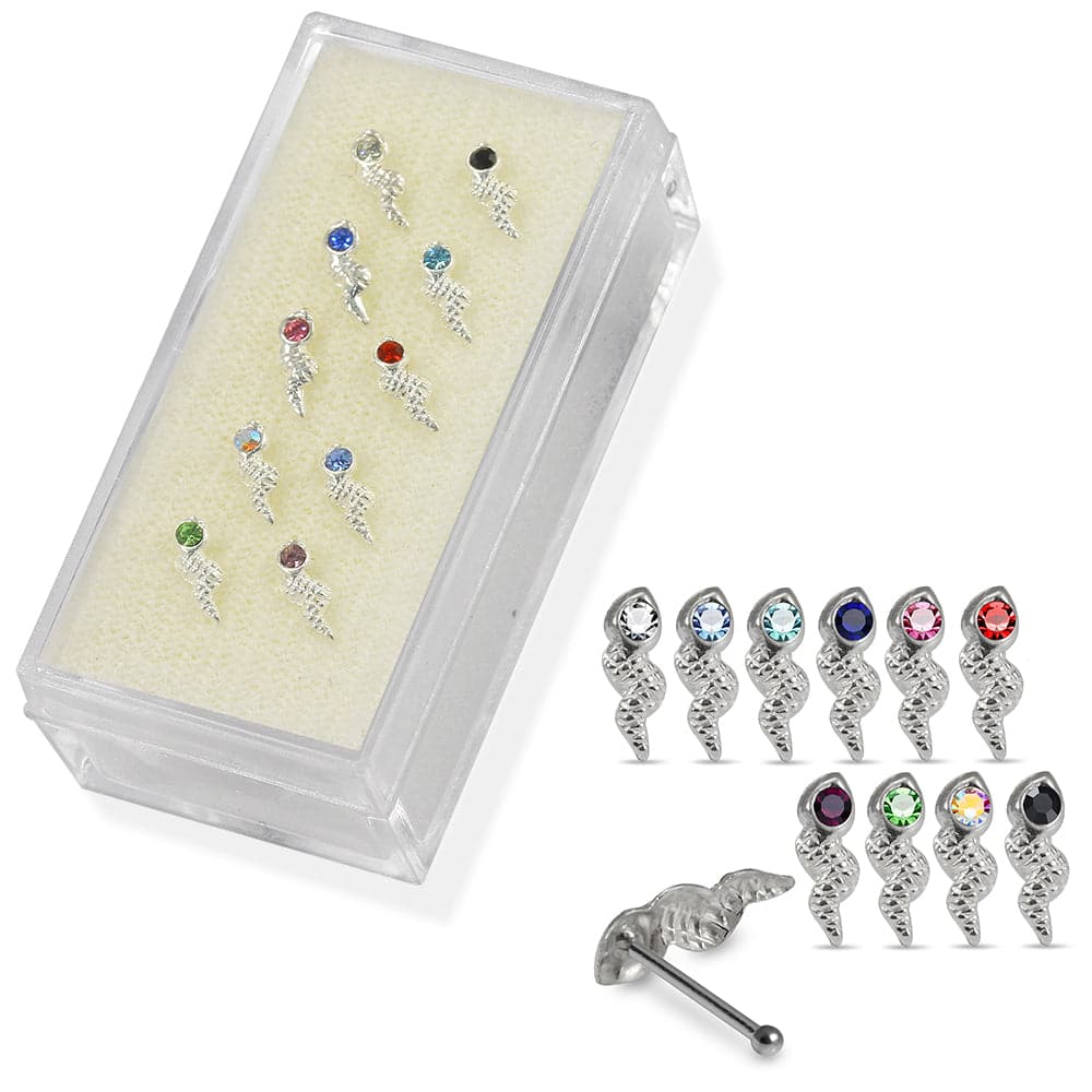 Set of 10pcs Mix 925 Sterling Silver CZ Jewelled Snake Ball End Nose stud Box - Monster Piercing