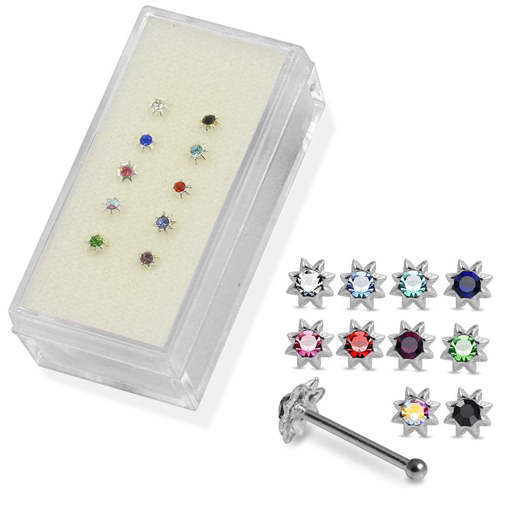 Set of 10pcs 925 Sterling Silver CZ Jewelled Sun Nose Bone Set - Monster Piercing