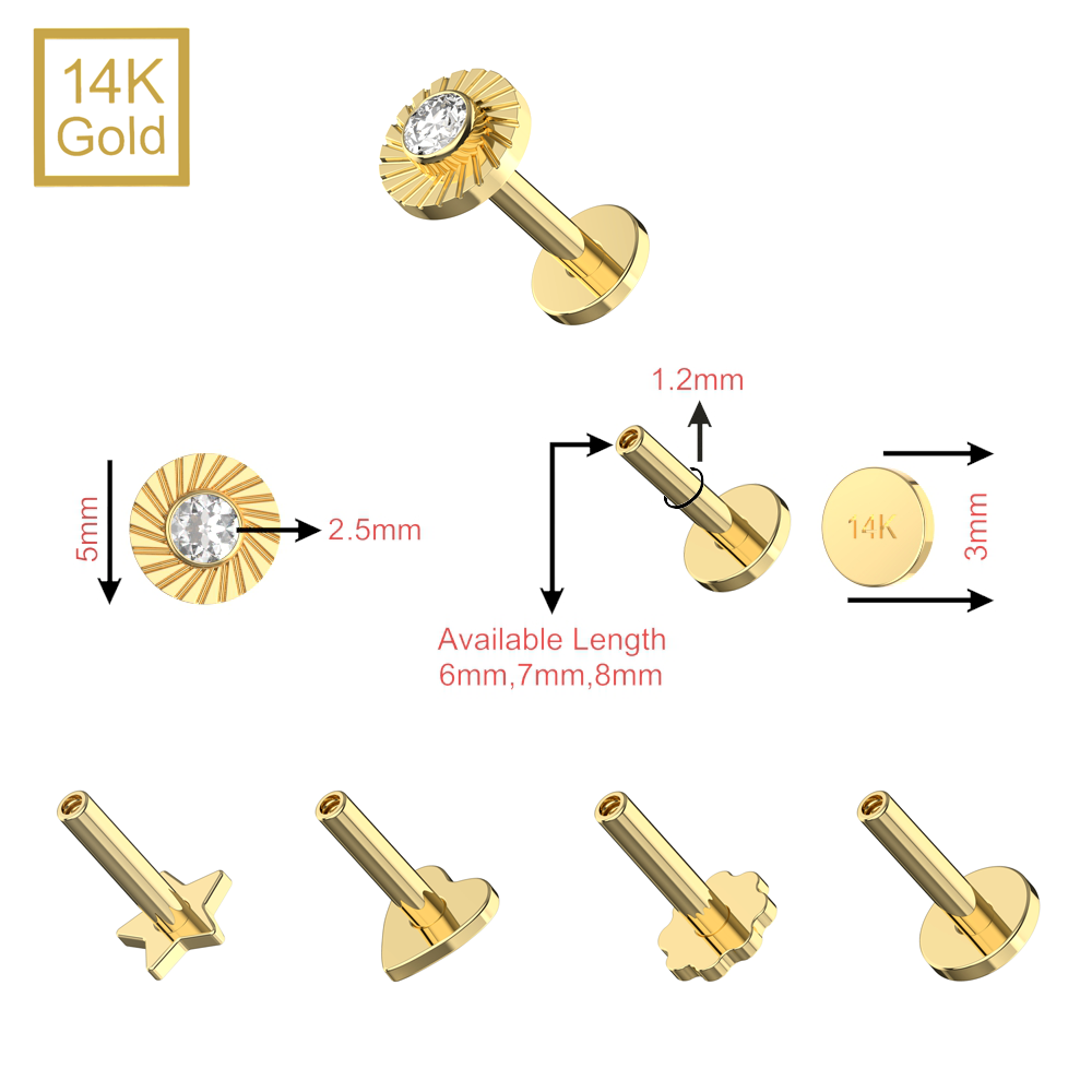 14K Gold CZ Jeweled Laser Cut Button Top With Internal Thread Base Labret - Monster Piercing