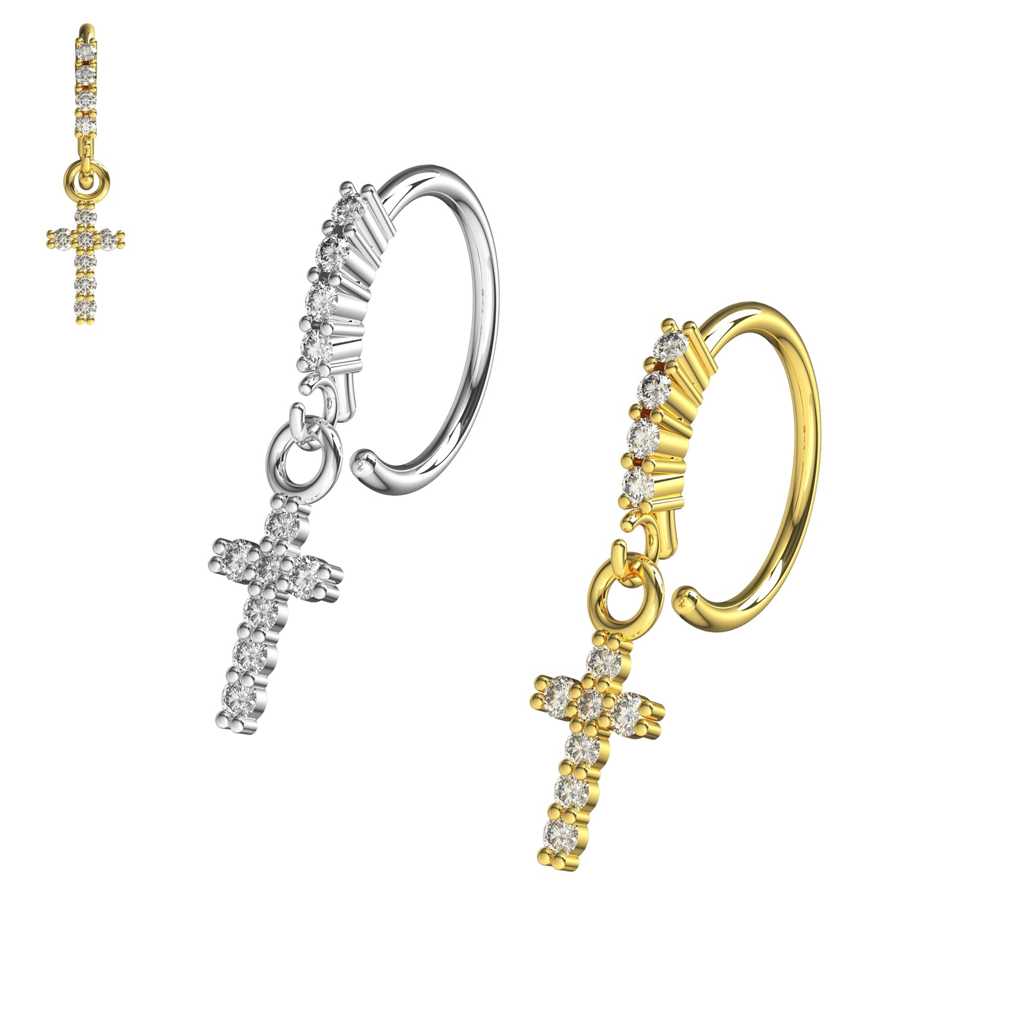 316L Surgical Steel CZ Jewelled Cross Hinged Drop Earring - Monster Piercing