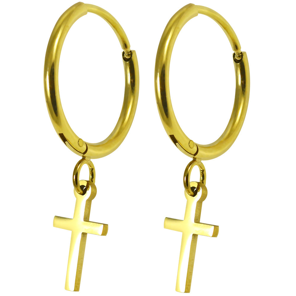 316L Surgical Steel CZ Jewelled Dangling Cross Hinged Earring Pair - Monster Piercing