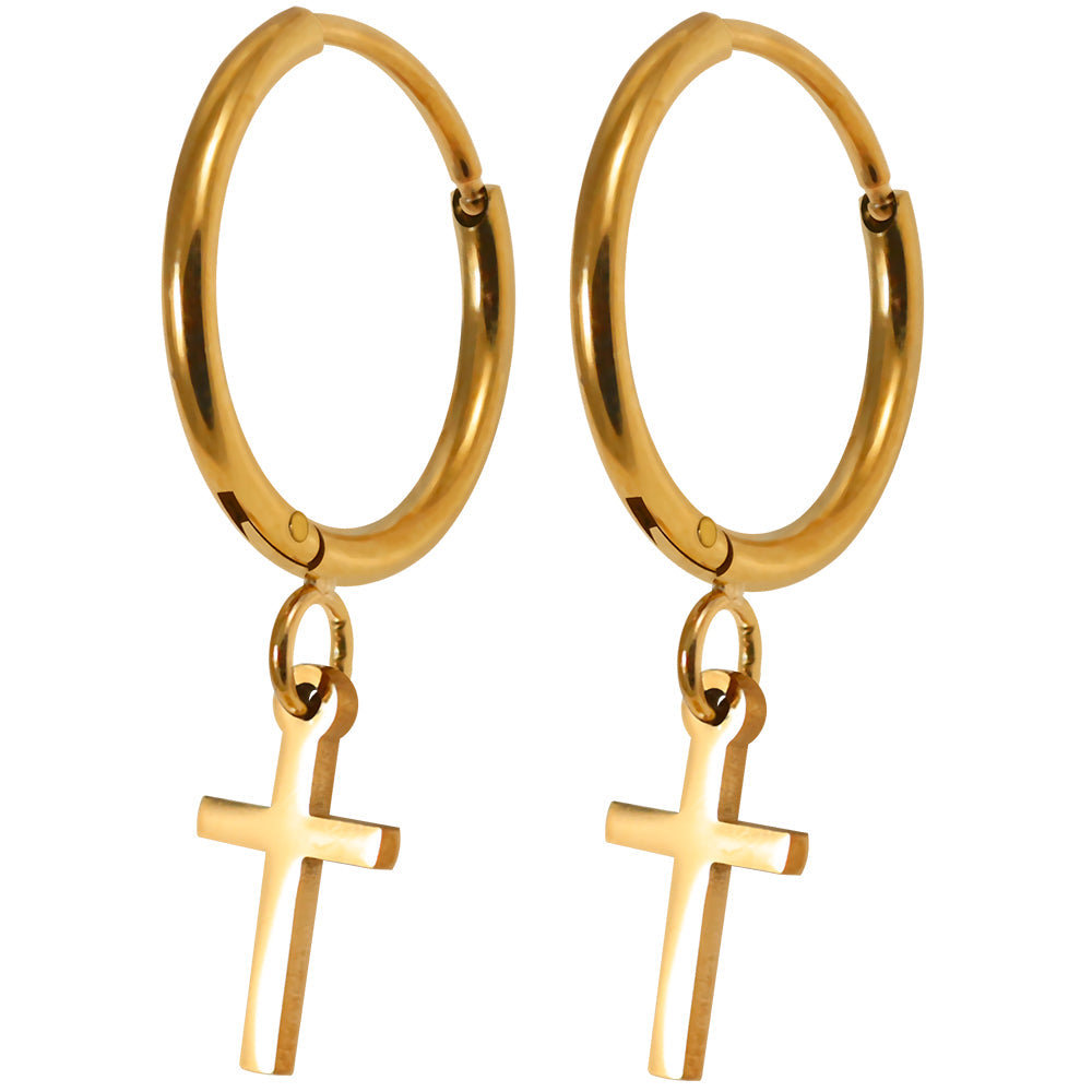 316L Surgical Steel CZ Jewelled Dangling Cross Hinged Earring Pair - Monster Piercing