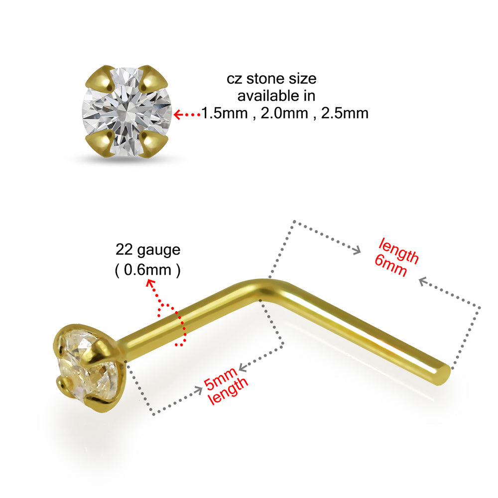 18K Yellow Gold CZ Jewelled L-Bend Nose Stud - Monster Piercing