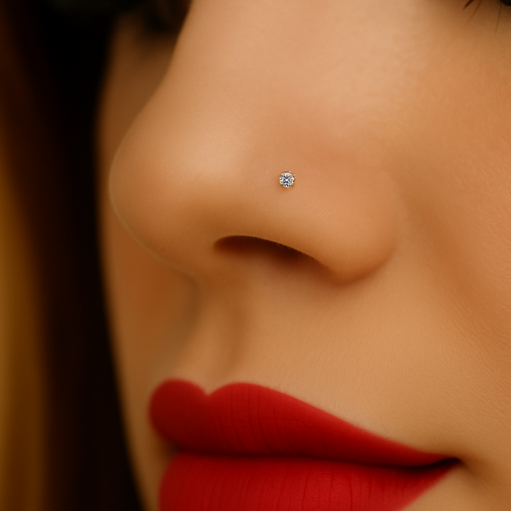 9K Gold Round CZ Jewelled L-Shape Nose Stud - Monster Piercing