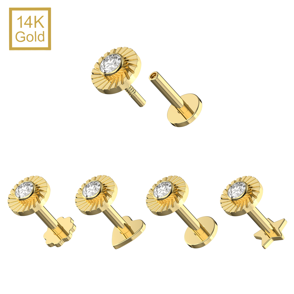 14K Gold CZ Jeweled Laser Cut Button Top With Internal Thread Base Labret - Monster Piercing