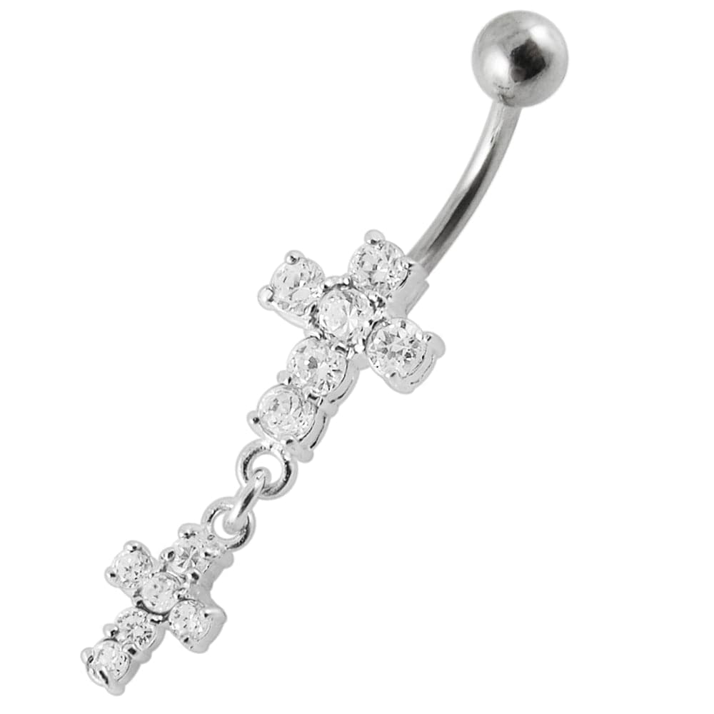 925 Sterling Silver Moving Jewelled Cross Belly Ring - Monster Piercing