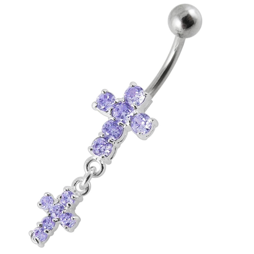 925 Sterling Silver Moving Jewelled Cross Belly Ring - Monster Piercing