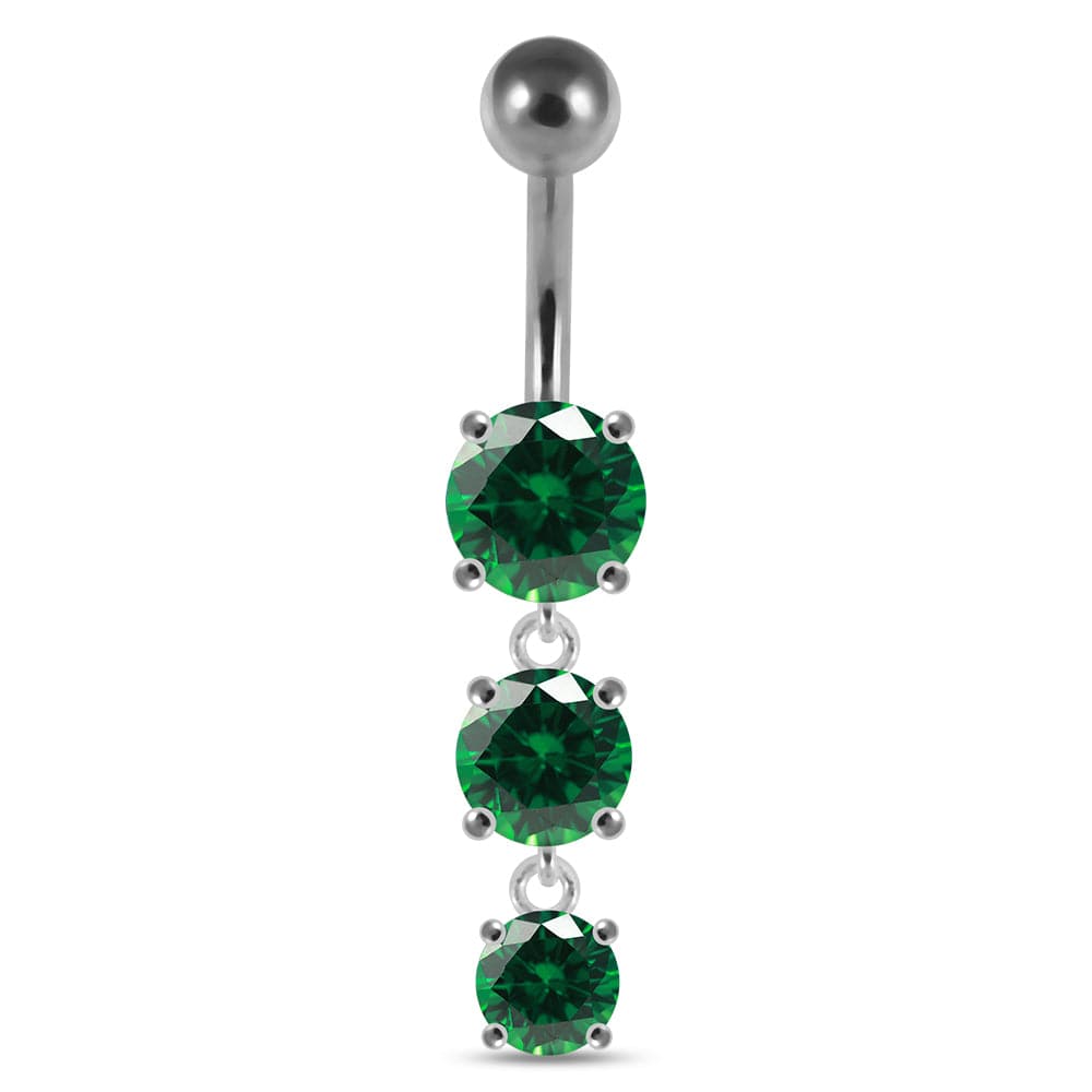925 Sterling Silver Moving Jewelled Charms dangling SS Bar Navel Ring - Monster Piercing