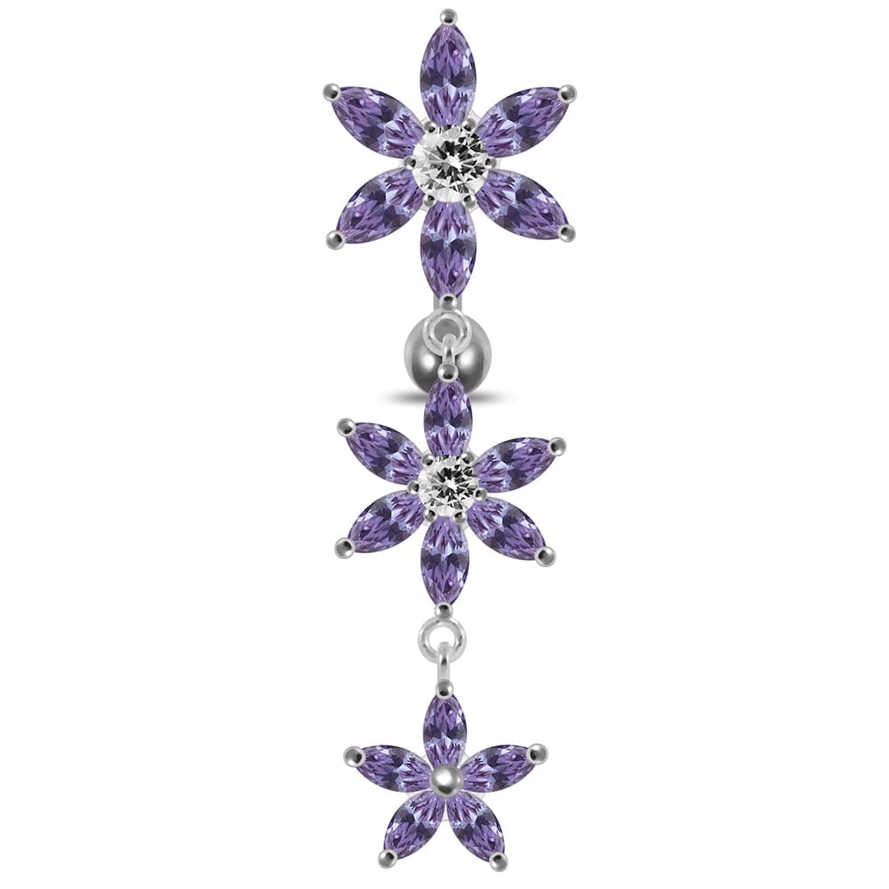 925 Sterling Silver Moving Jewelled Multi Flower Designed SS Curved Banana Bar Belly Ring - Monster Piercing