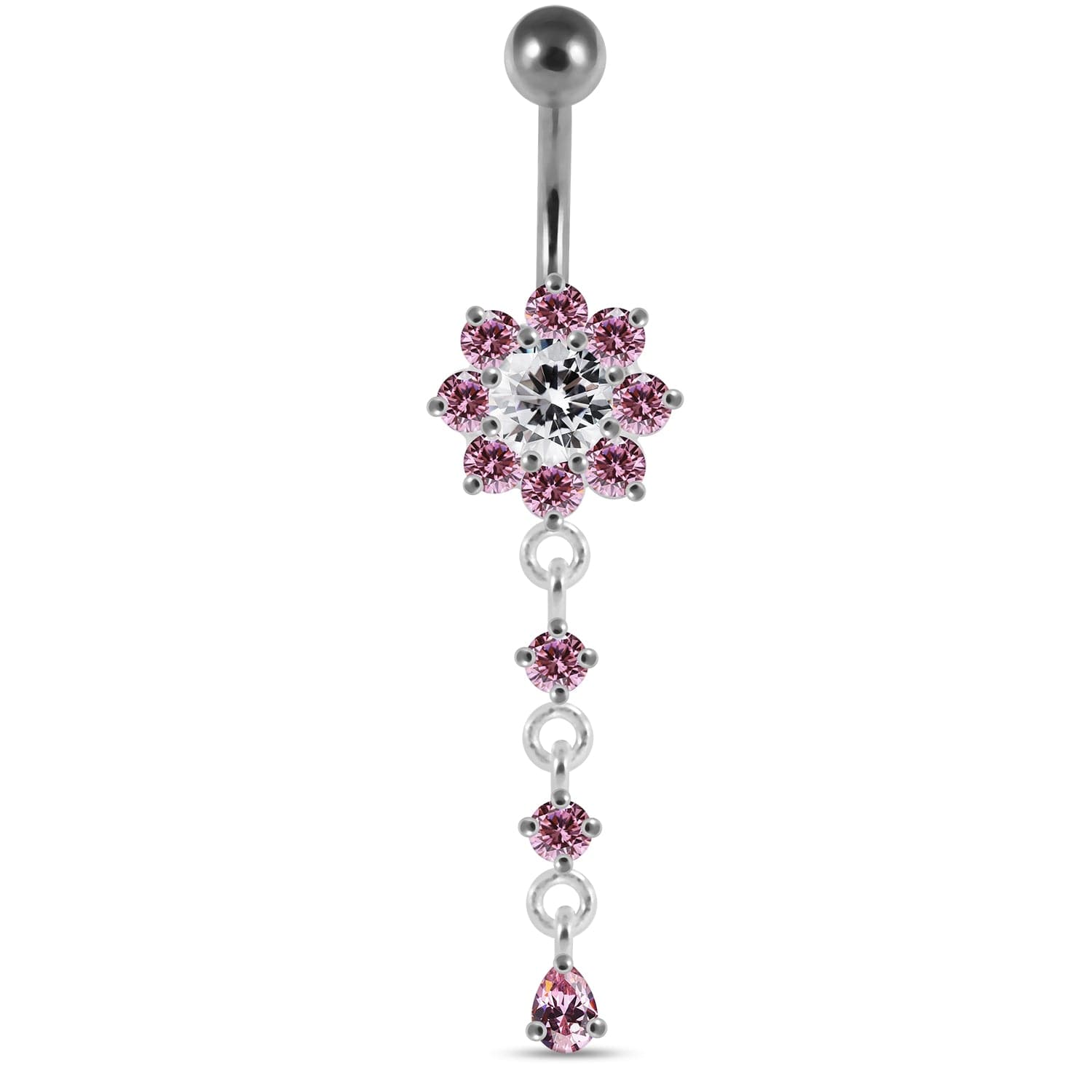 925 Sterling Silver Moving Jewelled Flower Design Curved Bar Belly Ring - Monster Piercing