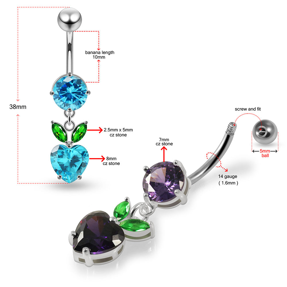 Jewelled Fashion Cherry Heart Navel Belly Piercing - Monster Piercing