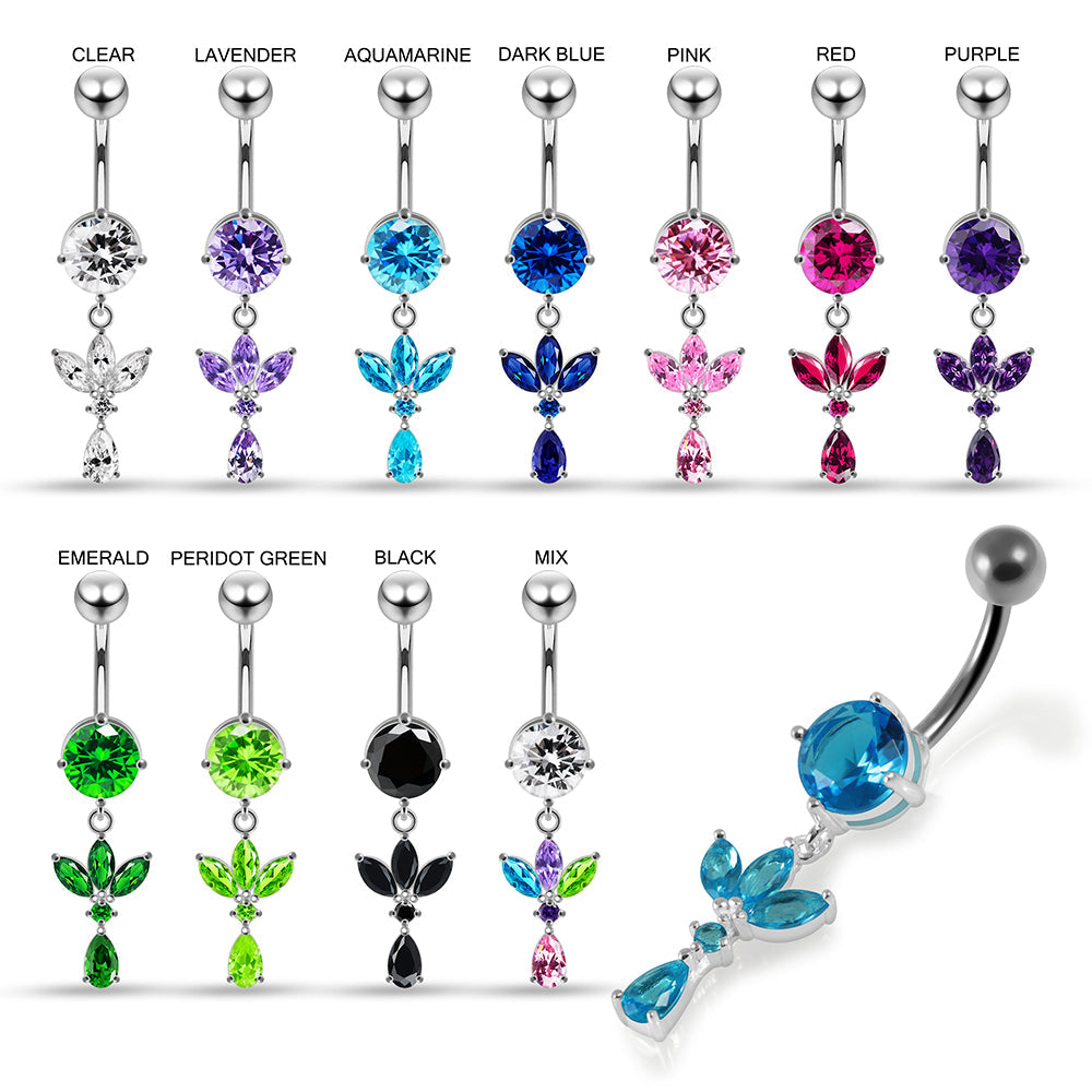 Round CZ Jewelled with Dangling Leaf and Teardrop Belly Piercing - Monster Piercing