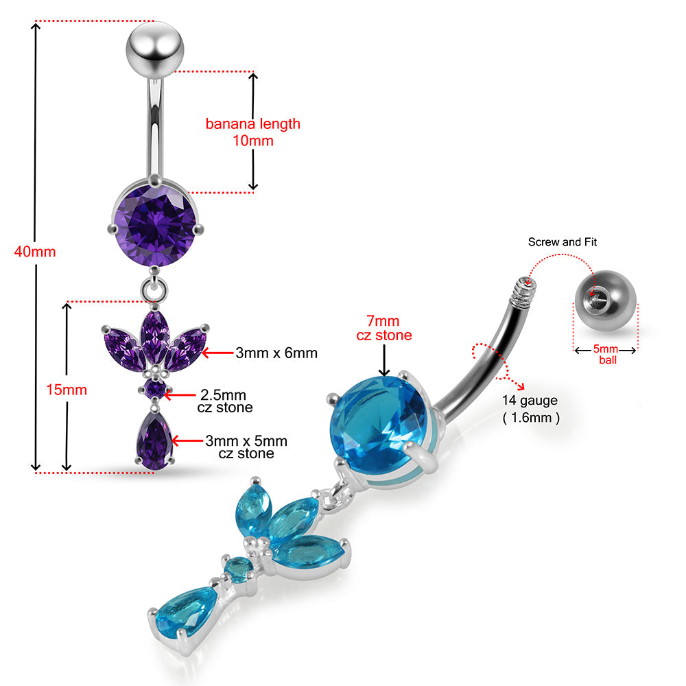 Round CZ Jewelled with Dangling Leaf and Teardrop Belly Piercing - Monster Piercing