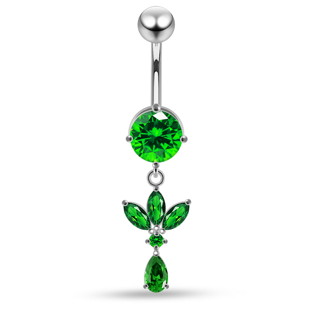 Round CZ Jewelled with Dangling Leaf and Teardrop Belly Piercing - Monster Piercing