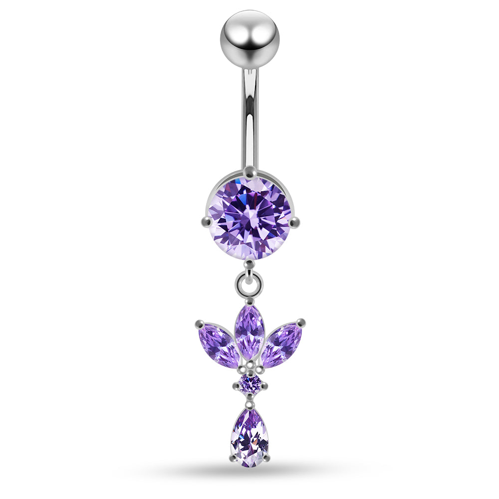 Round CZ Jewelled with Dangling Leaf and Teardrop Belly Piercing - Monster Piercing