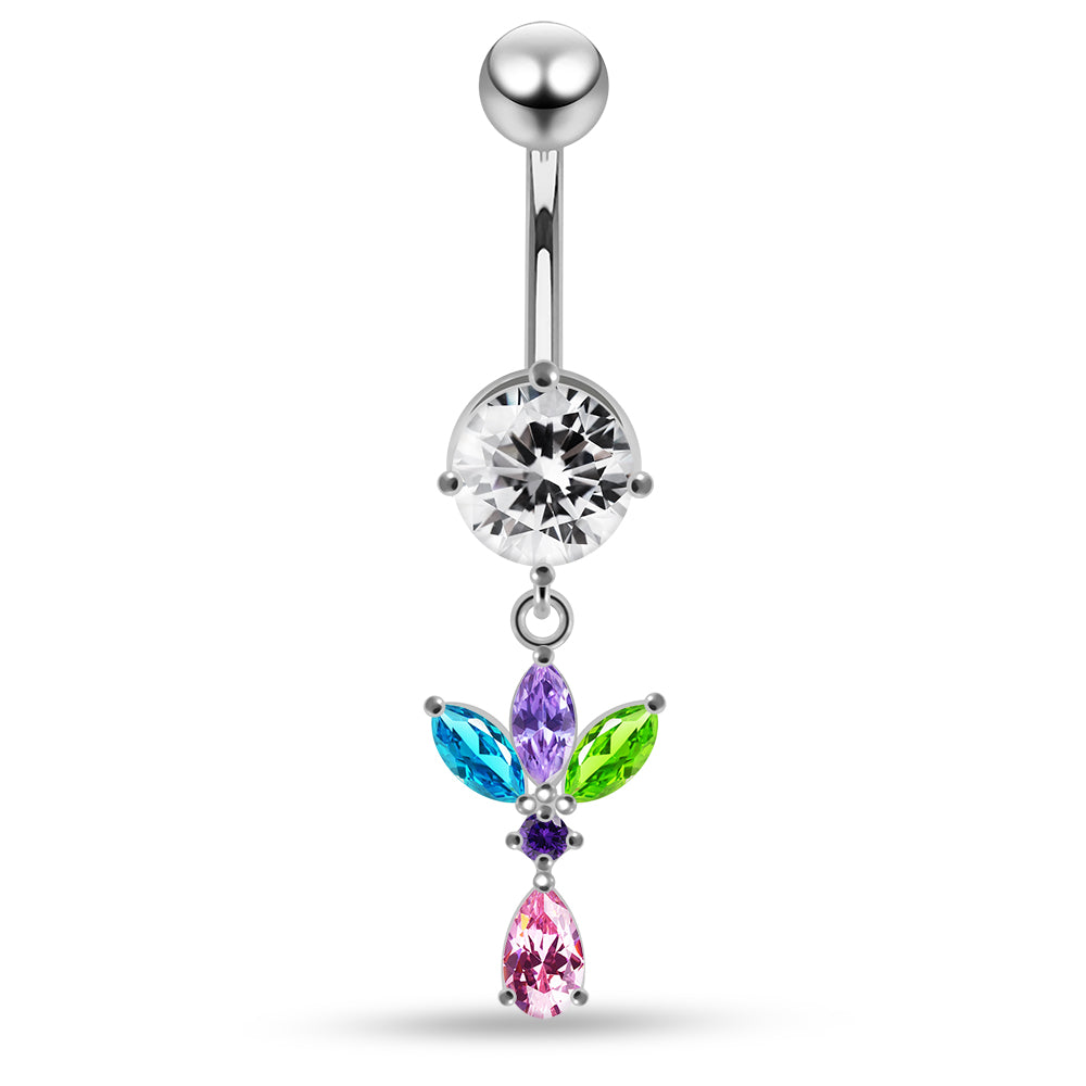 Round CZ Jewelled with Dangling Leaf and Teardrop Belly Piercing - Monster Piercing
