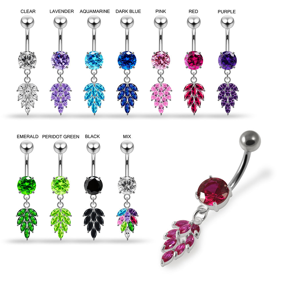 925 Sterling Silver Round CZ Jewelled with Dangling Foliage Belly Piercing - Monster Piercing