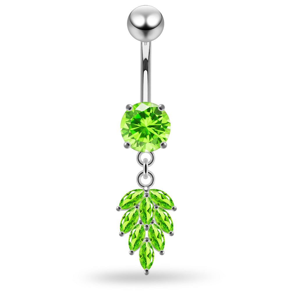 925 Sterling Silver Round CZ Jewelled with Dangling Foliage Belly Piercing - Monster Piercing