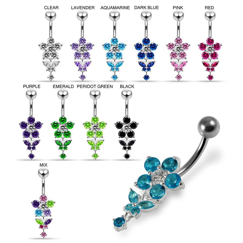 925 Sterling Silver Jewelled Flower with Dangling Butterfly Belly Piercing - Monster Piercing