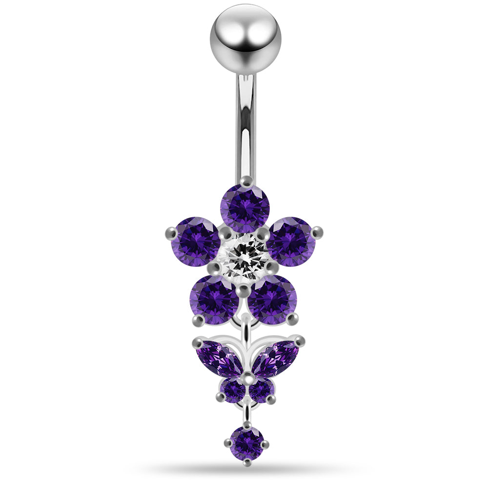 925 Sterling Silver Jewelled Flower with Dangling Butterfly Belly Piercing - Monster Piercing