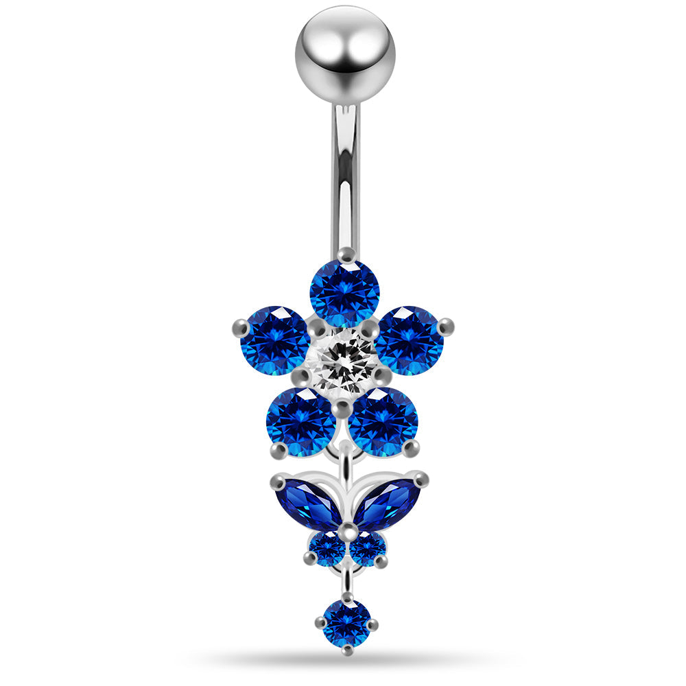 925 Sterling Silver Jewelled Flower with Dangling Butterfly Belly Piercing - Monster Piercing