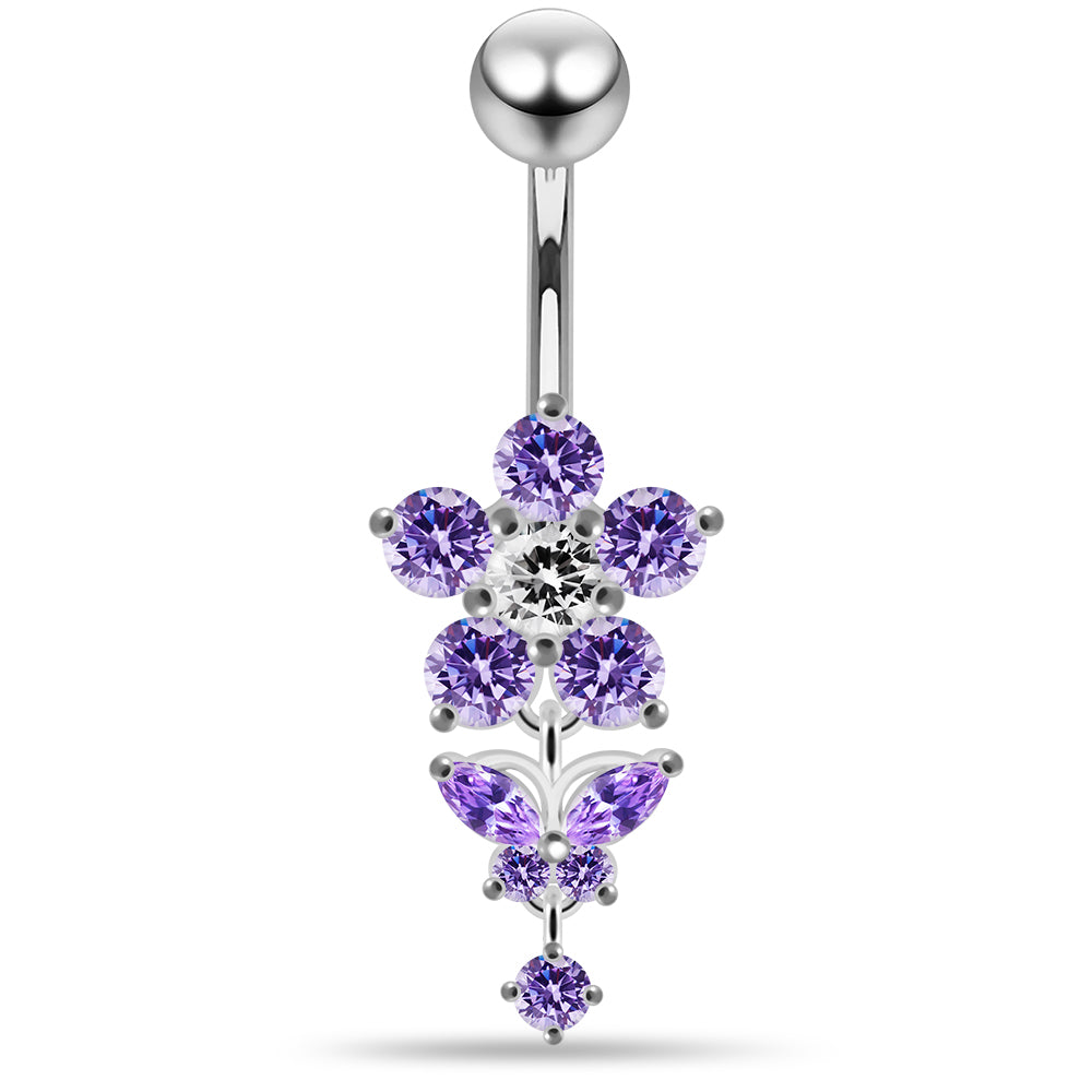 925 Sterling Silver Jewelled Flower with Dangling Butterfly Belly Piercing - Monster Piercing