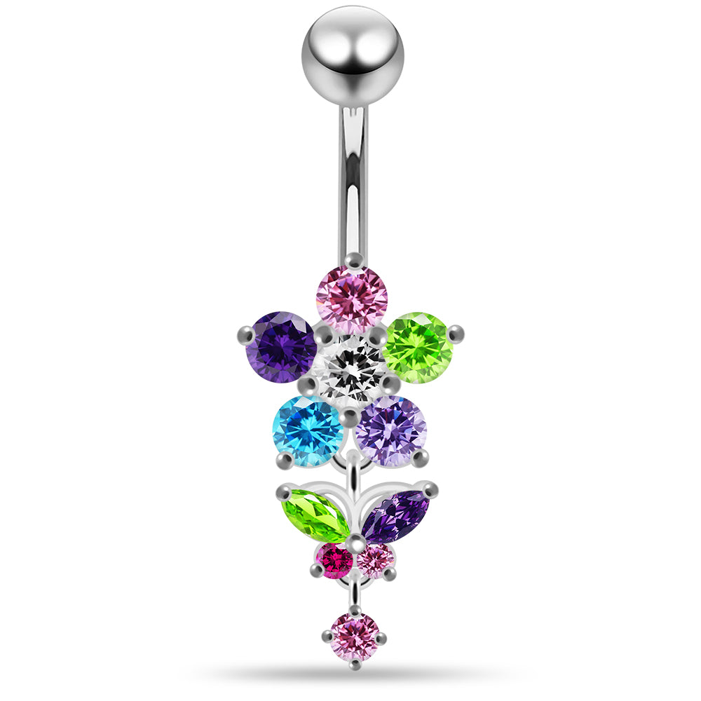 925 Sterling Silver Jewelled Flower with Dangling Butterfly Belly Piercing - Monster Piercing