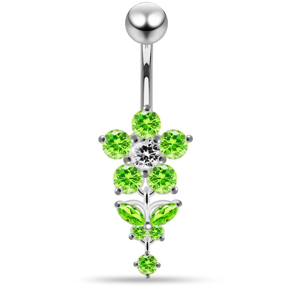 925 Sterling Silver Jewelled Flower with Dangling Butterfly Belly Piercing - Monster Piercing