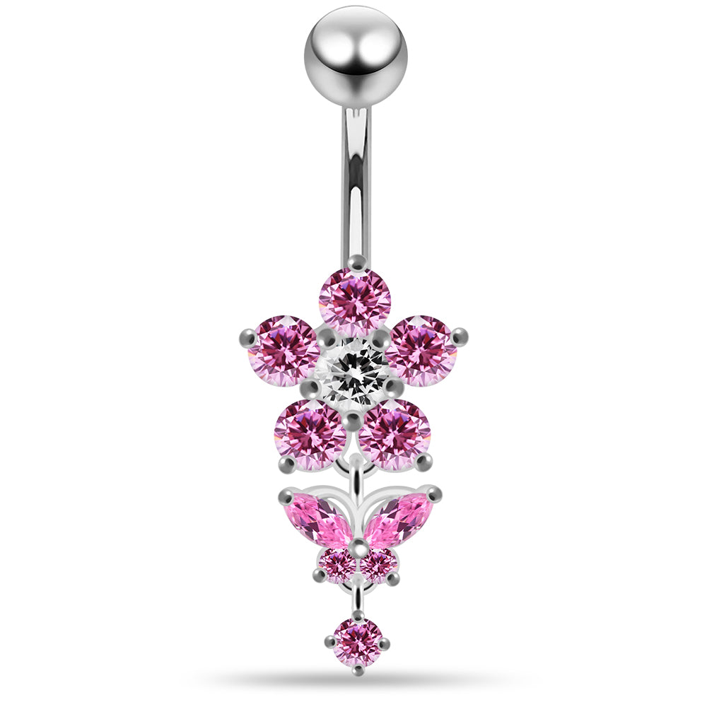 925 Sterling Silver Jewelled Flower with Dangling Butterfly Belly Piercing - Monster Piercing