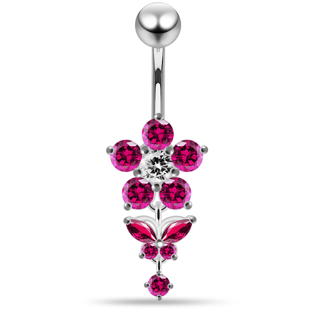 925 Sterling Silver Jewelled Flower with Dangling Butterfly Belly Piercing - Monster Piercing
