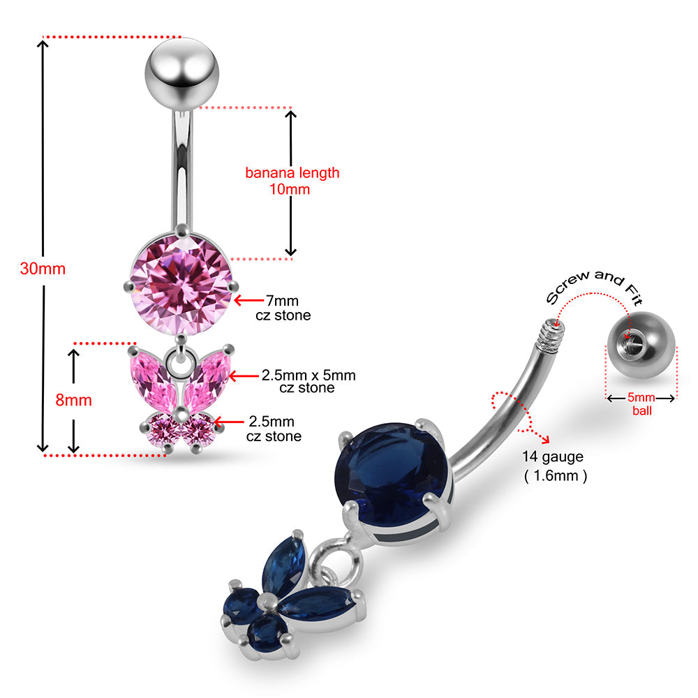 925 Sterling Silver Round CZ Jewelled with Dangling Butterfly Belly Piercing - Monster Piercing
