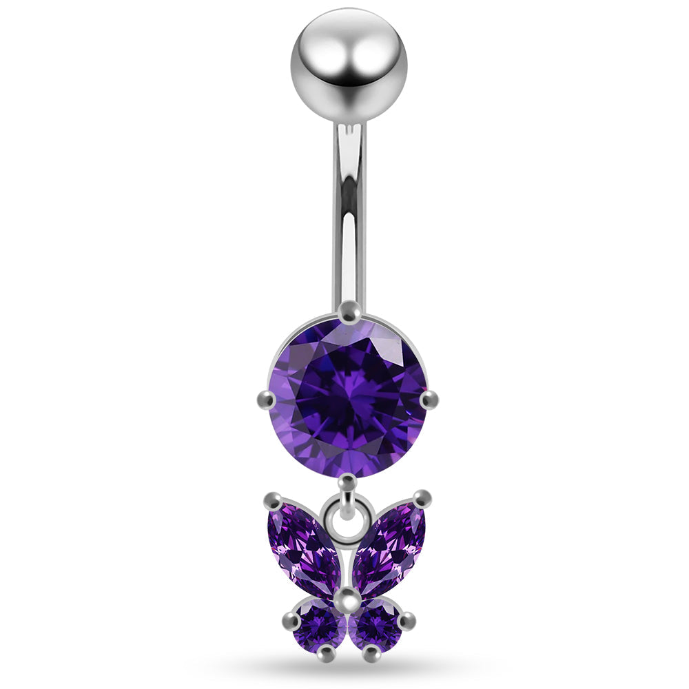 925 Sterling Silver Round CZ Jewelled with Dangling Butterfly Belly Piercing - Monster Piercing