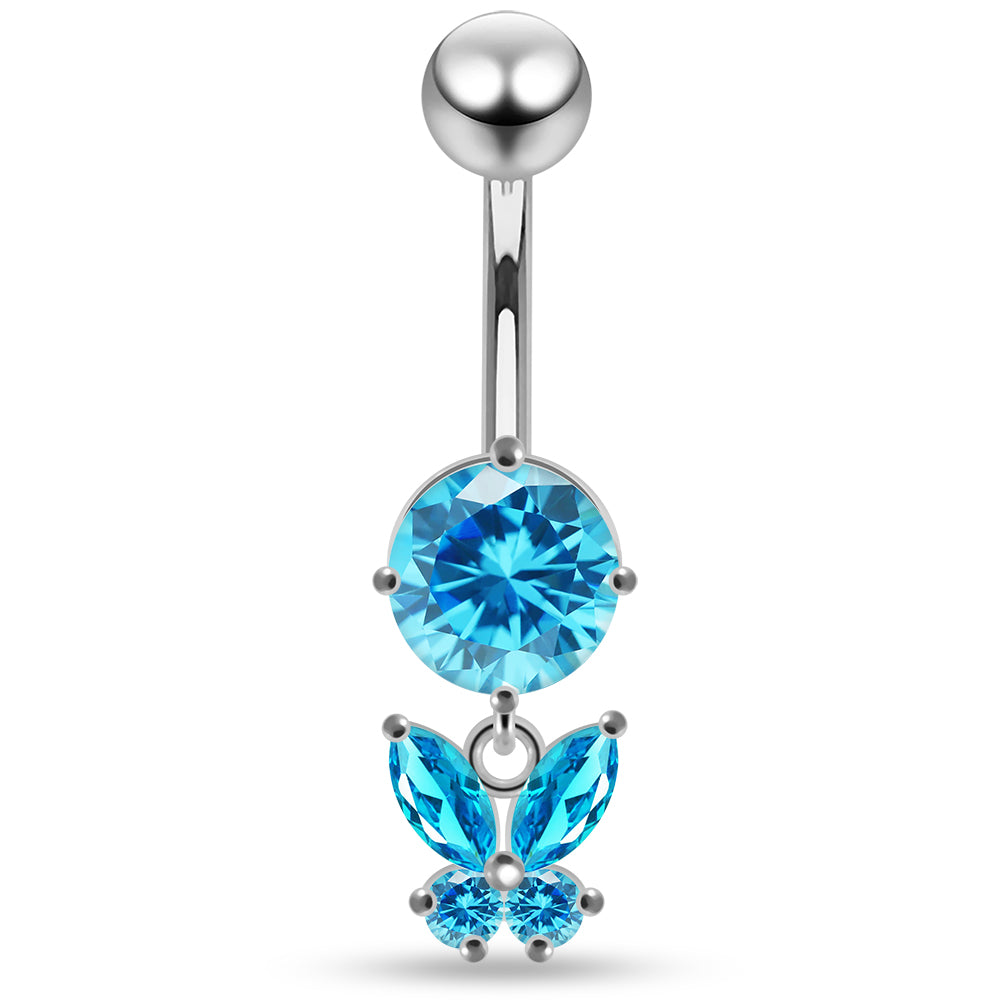 925 Sterling Silver Round CZ Jewelled with Dangling Butterfly Belly Piercing - Monster Piercing