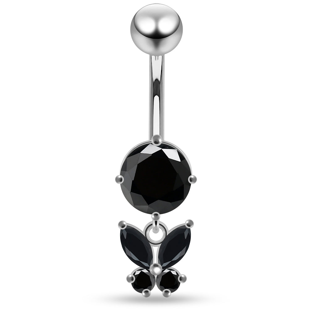 925 Sterling Silver Round CZ Jewelled with Dangling Butterfly Belly Piercing - Monster Piercing