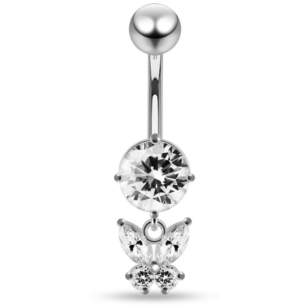 925 Sterling Silver Round CZ Jewelled with Dangling Butterfly Belly Piercing - Monster Piercing