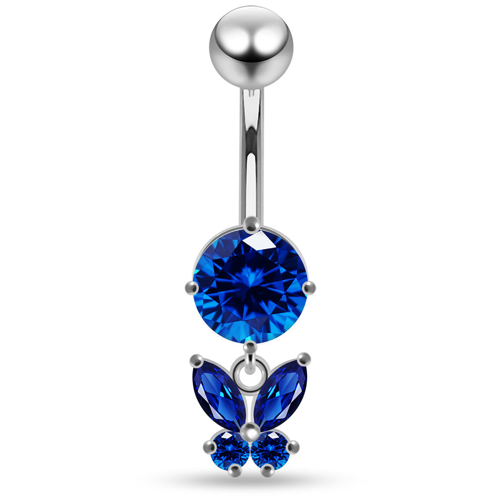 925 Sterling Silver Round CZ Jewelled with Dangling Butterfly Belly Piercing - Monster Piercing
