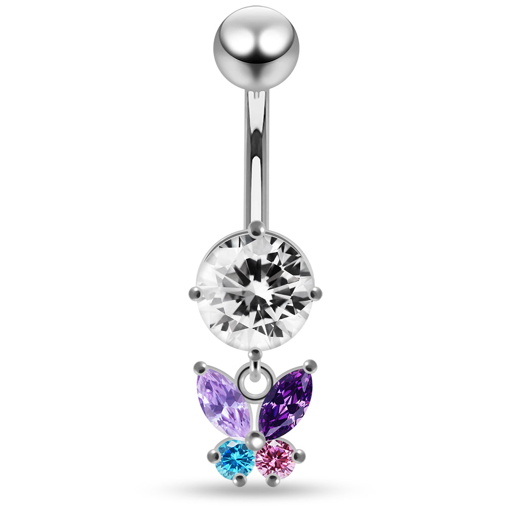925 Sterling Silver Round CZ Jewelled with Dangling Butterfly Belly Piercing - Monster Piercing