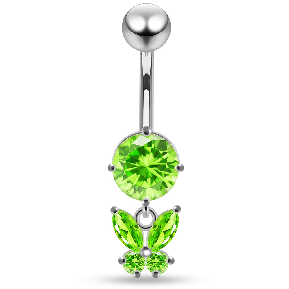 925 Sterling Silver Round CZ Jewelled with Dangling Butterfly Belly Piercing - Monster Piercing