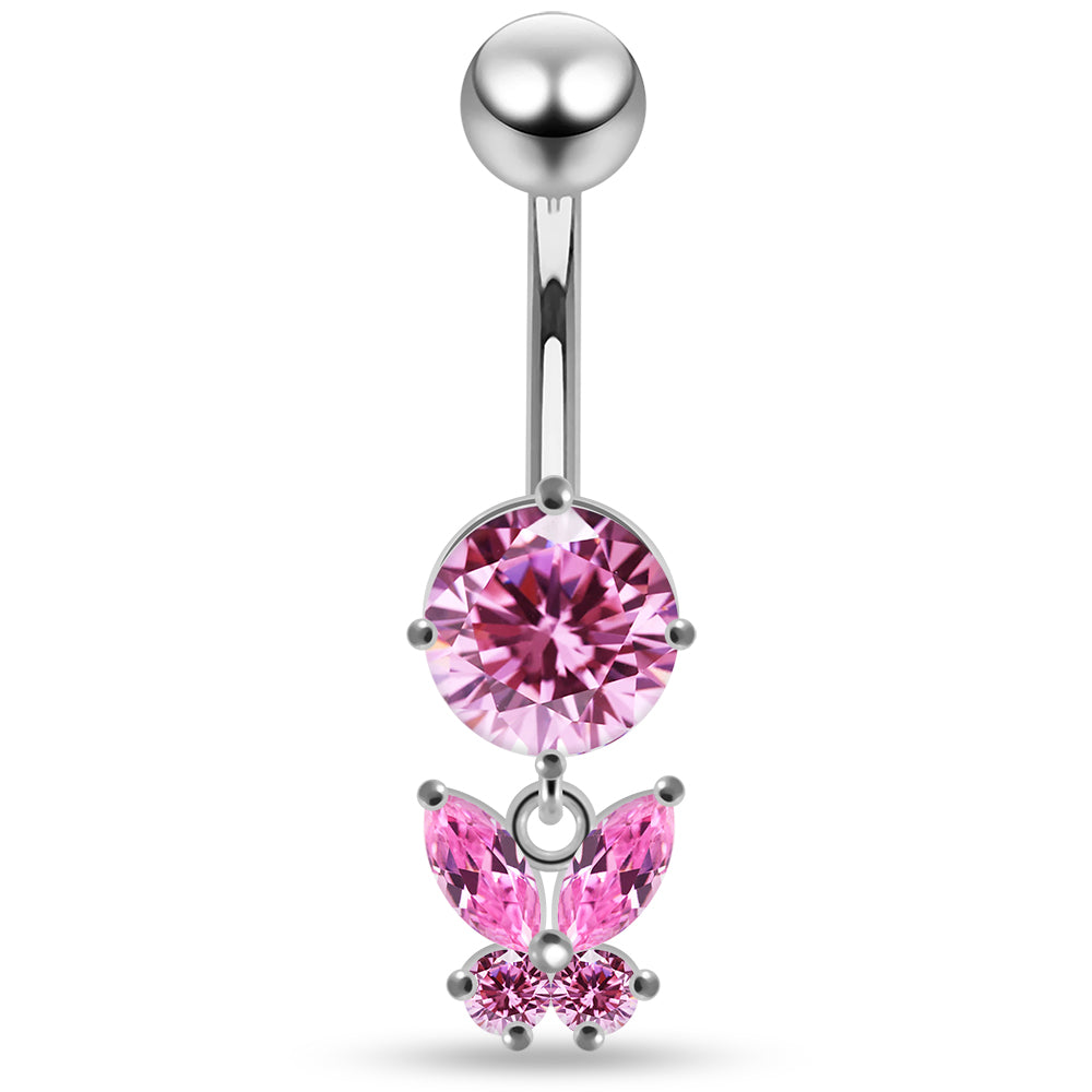 925 Sterling Silver Round CZ Jewelled with Dangling Butterfly Belly Piercing - Monster Piercing